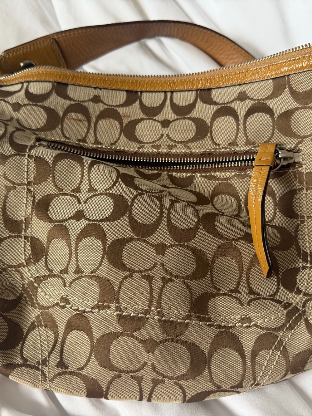 Coach Khaki/Tan Signature Shoulder Bag with Yellow Trim